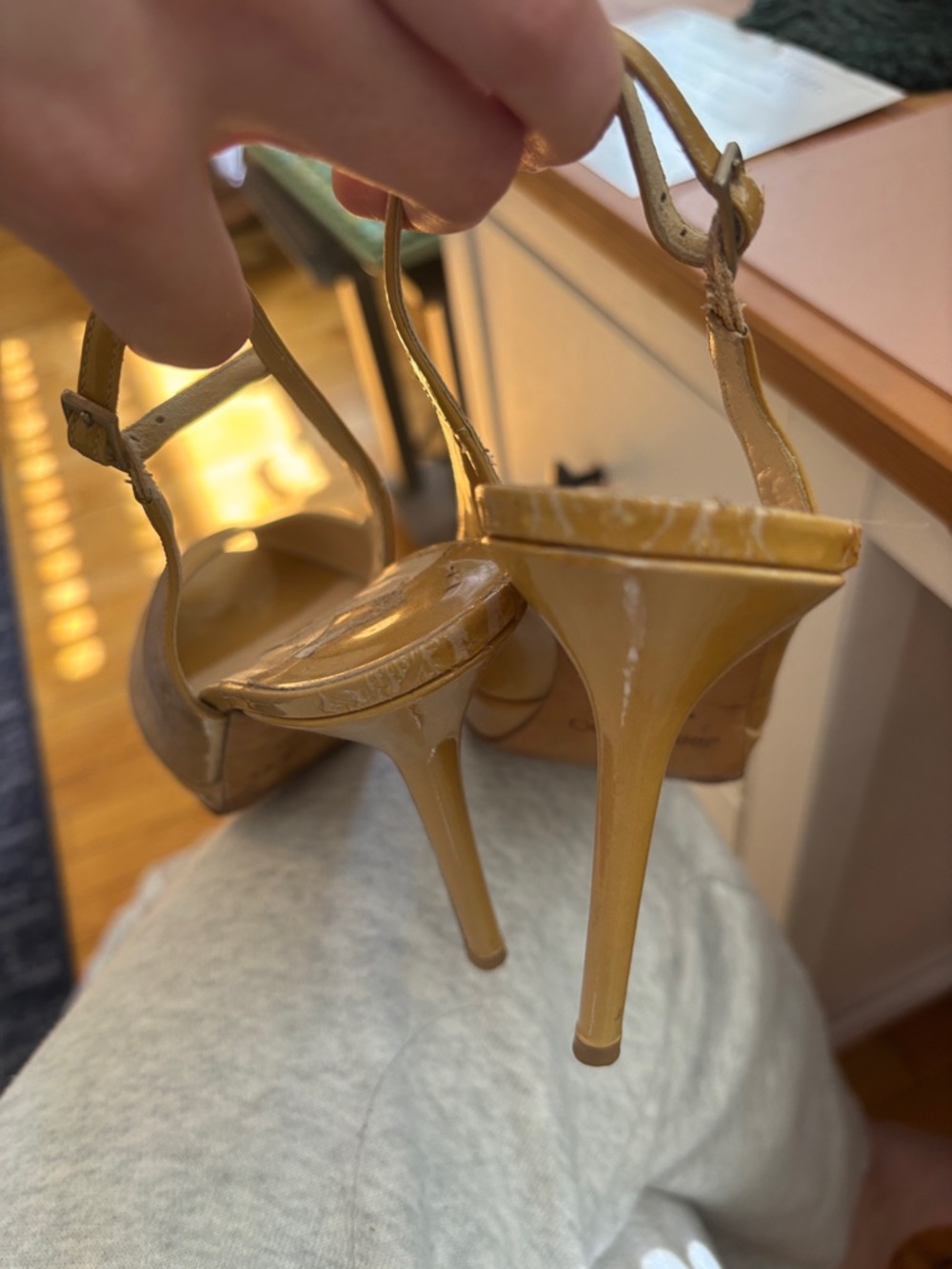 Jimmy Choo Mustard Yellow Peep-Toe Slingback Heels - Picture 3 of 5